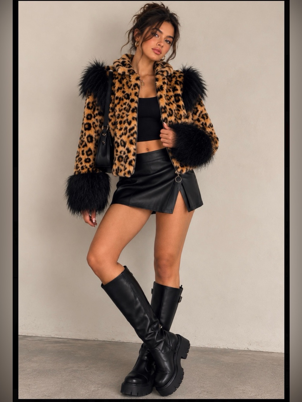 Leith Leopard Faux Fur Jacket with Black Faux Fur Trim